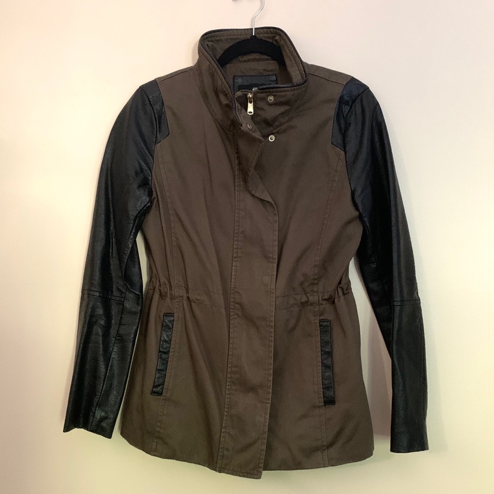 Green Cargo Jacket with Leather Sleeves Size 8